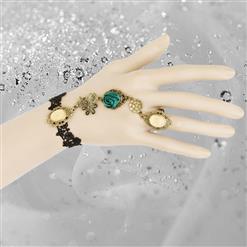 Vintage Bracelet, Gothic Green Rose Bracelet, Cheap Wristband, Gothic Black Bracelet, Victorian Black Lace Bracelet, Retro Black Wristband, Bracelet with Ring, #J18119