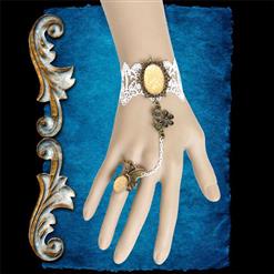 Retro White Lace Wristband Champagne Gem Embellished Bracelet with Ring J18120