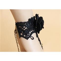 Gothic Black Lace Wristband Rose Embellished Bracelet with Ring J18123