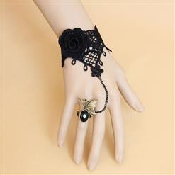 Gothic Black Lace Wristband Rose Embellished Bracelet with Ring J18123