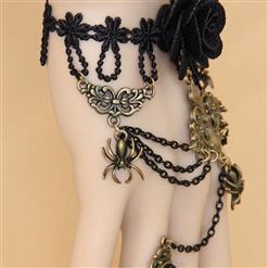 Gothic Black Lace Wristband Rose Spider Embellished Bracelet with Ring J18124