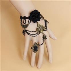 Gothic Black Lace Wristband Rose Spider Embellished Bracelet with Ring J18124