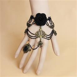 Gothic Black Lace Wristband Rose Spider Embellished Bracelet with Ring J18124