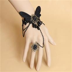 Gothic Black Lace Wristband Black Butterfly Embellished Bracelet with Ring J18126