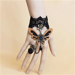 Gothic Black Lace Wristband Orange Butterfly Embellished Bracelet with Ring J18127