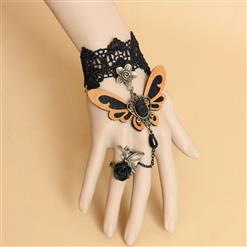 Gothic Bracelet, Gothic Orange Butterfly Bracelet, Cheap Wristband, Gothic Black Bracelet, Victorian Black Lace Bracelet, Retro Black Wristband, Bracelet with Ring, #J18126