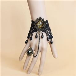 Gothic Black Lace Wristband Tigrine Time Gem Embellished Bracelet with Ring J18128