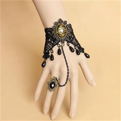 Gothic Black Lace Wristband Tigrine Time Gem Embellished Bracelet with Ring J18128