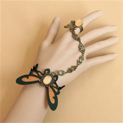 Gothic Black Lace Wristband Butterfly Champagne Gem Embellished Bracelet with Ring J18143