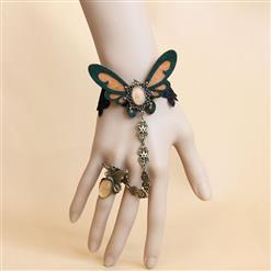 Gothic Black Lace Wristband Butterfly Champagne Gem Embellished Bracelet with Ring J18143