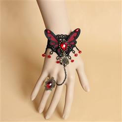 Gothic Black Lace Wristband Red Butterfly Gem Embellished Bracelet with Ring J18161