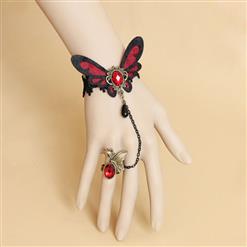 Gothic Black Lace Wristband Red Gem Butterfly Embellished Bracelet with Ring J18163