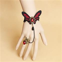 Gothic Bracelet, Gothic Red Gem Butterfly Bracelet, Cheap Wristband, Gothic Black Bracelet, Victorian Black Lace Bracelet, Retro Black Wristband, Bracelet with Ring, #J18163