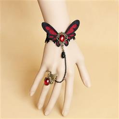 Gothic Black Lace Wristband Red Gem Butterfly Embellished Bracelet with Ring J18163