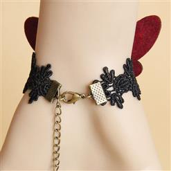 Gothic Black Lace Wristband Red Gem Butterfly Embellished Bracelet with Ring J18163