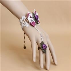 Vintage White Lace Wristband Pink Bowknot Purple Rose Embellished Bracelet with Ring J18164