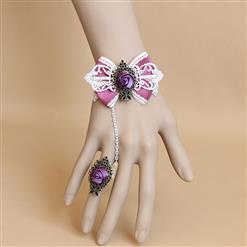 Vintage White Lace Wristband Pink Bowknot Purple Rose Embellished Bracelet with Ring J18164