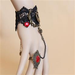 Gothic Black Lace Wristbannd Bronze Heart Red Gem Embellished Bracelet with Ring J18165