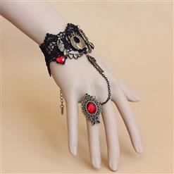 Gothic Black Lace Wristbannd Bronze Heart Red Gem Embellished Bracelet with Ring J18165