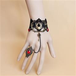 Gothic Black Lace Wristbannd Bronze Heart Red Gem Embellished Bracelet with Ring J18165