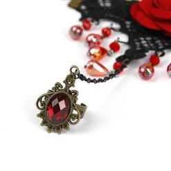 Gothic Red Rose Wristband Red Beads Embellished Bracelet with Ruby Ring J18168