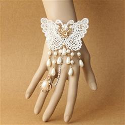 Vintage Lace Bracelet, Gothic Butterfly Bracelet, Cheap Wristband, Gothic White Lace Bracelet, Victorian Floral Lace Bracelet, Retro White Floral Lace Wristband, Bracelet with Ring, #J18169