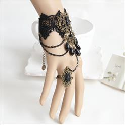 Gothic Black Lace Wristbannd Bronze Flowers Embellished Bracelet with Ring J18170