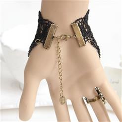 Gothic Black Lace Wristbannd Bronze Flowers Embellished Bracelet with Ring J18170