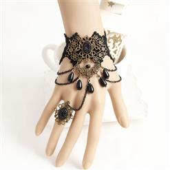 Gothic Black Lace Wristbannd Bronze Flowers Embellished Bracelet with Ring J18170