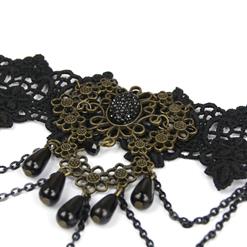 Gothic Black Lace Wristbannd Bronze Flowers Embellished Bracelet with Ring J18170