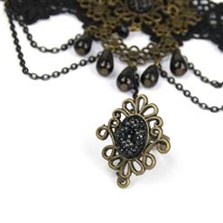 Gothic Black Lace Wristbannd Bronze Flowers Embellished Bracelet with Ring J18170