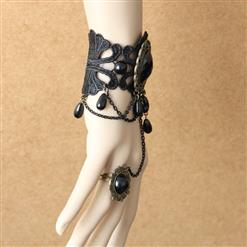 Gothic Black Lace Wristbannd Exaggerated Gem Embellished Bracelet with Ring J18172