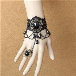 Gothic Black Lace Wristbannd Exaggerated Gem Embellished Bracelet with Ring J18172