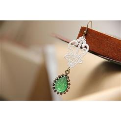 Vintage Style White Floral Lace with Grass-green Drop Gem Earrings J18407