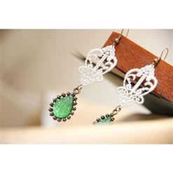 Vintage Style White Floral Lace with Grass-green Drop Gem Earrings J18407