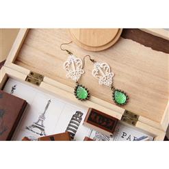 Vintage Style White Floral Lace with Grass-green Drop Gem Earrings J18407