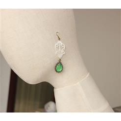 Vintage Style White Floral Lace with Grass-green Drop Gem Earrings J18407