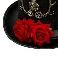 Victorian Gothic Red Rose and Bronze Metal Reindeer Antlers Fancy Party Costume Top Hat J19527