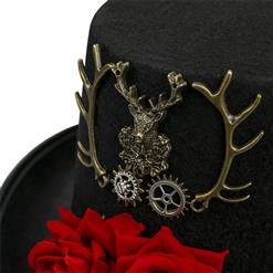 Victorian Gothic Red Rose and Bronze Metal Reindeer Antlers Fancy Party Costume Top Hat J19527