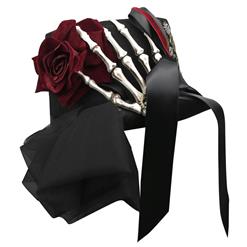 Gothic White Skeleton Red Rose and Gear Masquerade Halloween Costume Bowknot Top Hat J19844