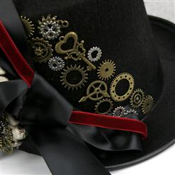 Gothic White Skeleton Red Rose and Gear Masquerade Halloween Costume Bowknot Top Hat J19844