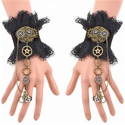 Victorian Gothic Black Floral Lace Wristband Bronze Gear Bracelet with Ring J19845