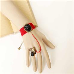 Retro Red Velvet Wristband Black Rose Embellished Bracelet with Ring J18101