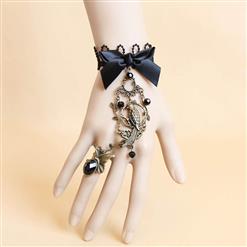 Fashion Black Gothic Bow Lace Wristband Bird Metal Bracelet with Ring J17851