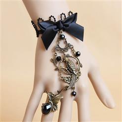 Fashion Black Gothic Bow Lace Wristband Bird Metal Bracelet with Ring J17851