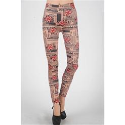 Women's Fashion Union Jack and Newspaper Pattern High Waist Leggings L5190