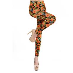 Orange Flowers Print Jeans, Fashion Seamless Foral Leggings, Rural wind Flower Printing Jeggings, #L6986