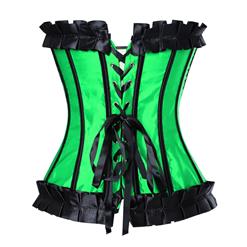 Sexy Green Satin Strapless Ruffle Trim Plastic Bone Burlesque Overbust Corset M2880