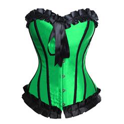 Sexy Green Satin Strapless Ruffle Trim Plastic Bone Burlesque Overbust Corset M2880