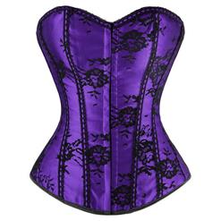 Sexy Purple Satin Floral Lace Strapless Overbust Corset M4221